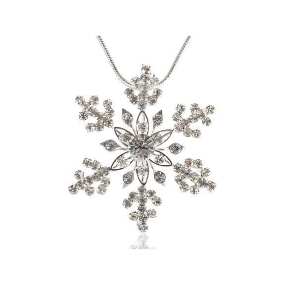 Silvery Tone Crystal Clear Colored Rhinestones Snowlake Winter Chain Necklace Pendant
