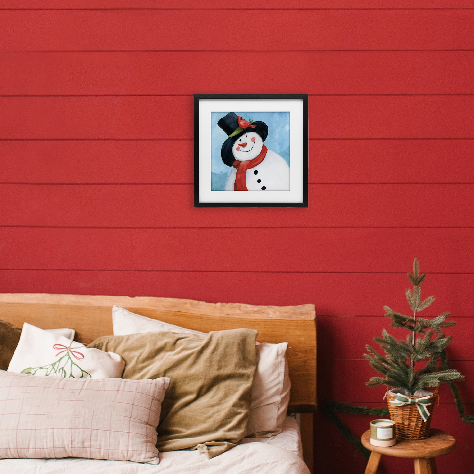 Stupell Industries Cheerful Snowman with Cardinal Black Framed Print Under Glass, design by Nan