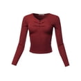 thumbnail image 2 of A2Y Women's Front Button Detail Shirring Long Sleeve V-Neck Knit Top Dark Red M, 2 of 5