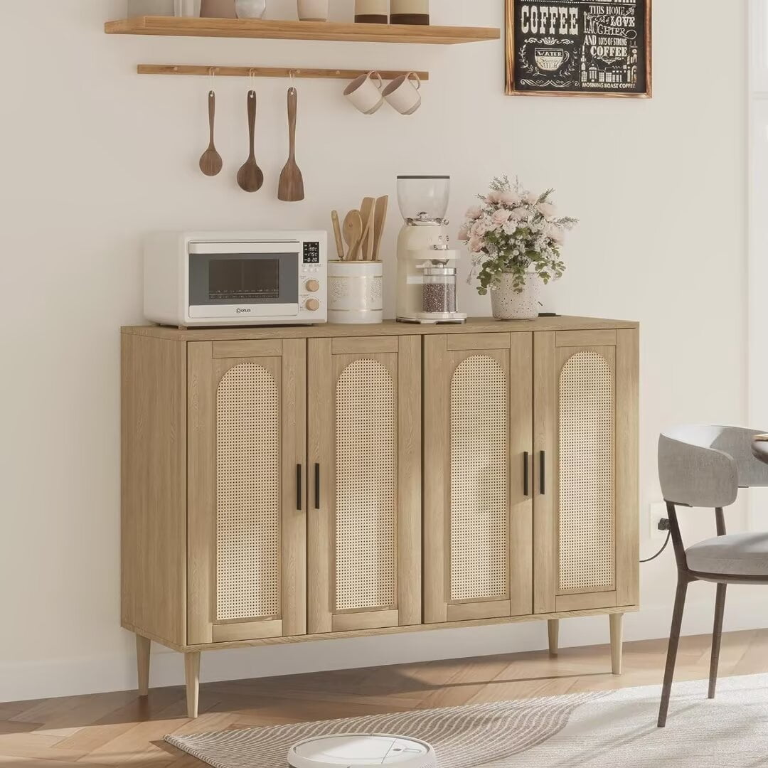 Sideboard Buffet Rattan Cabinet, Accent Storage Cabinet, Boho Large Kitchen Storage Cabinet with Power Outlet, Adjustable Shelves for Living Room, Hallway, Entryway