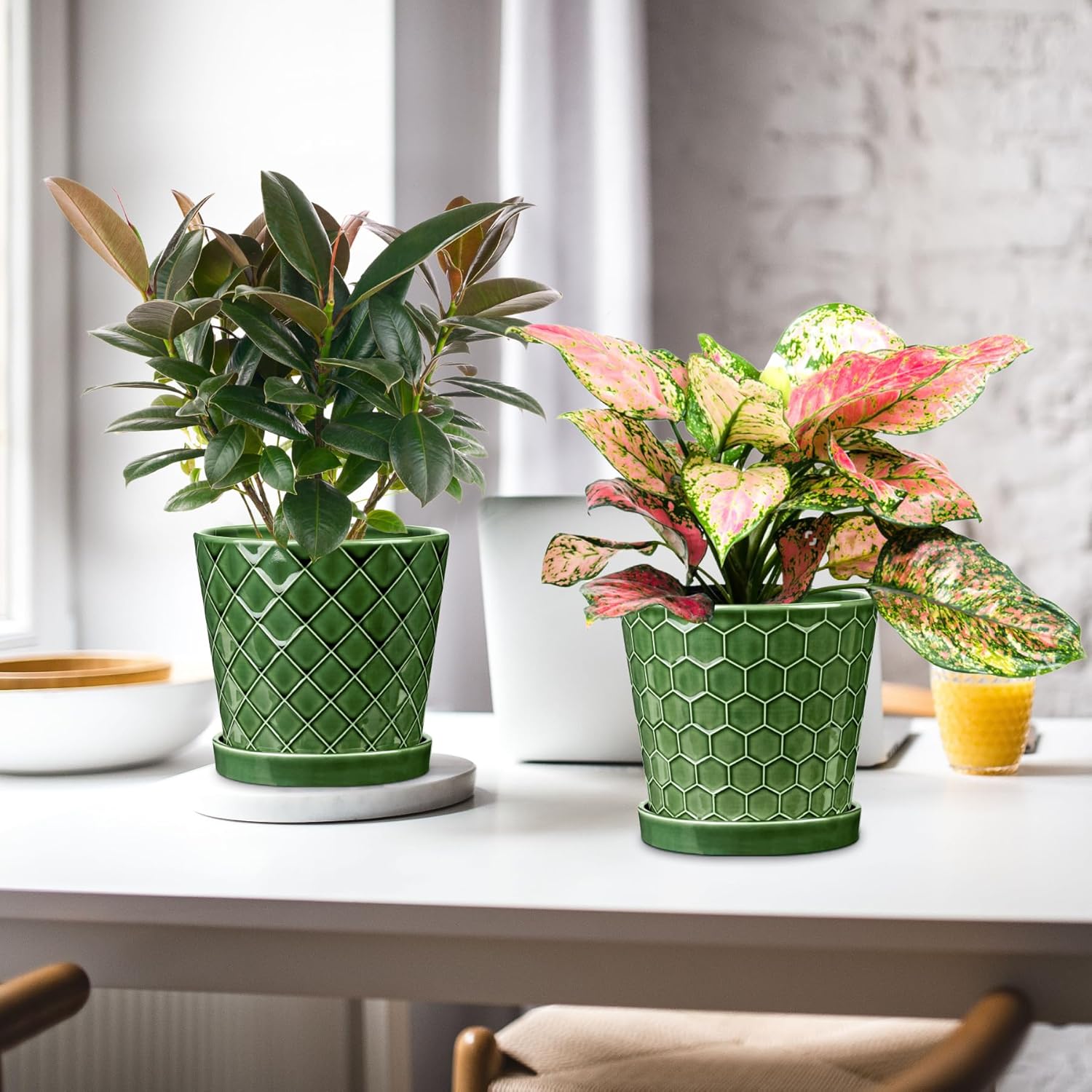 BUYMAX Plant Pots Indoor –6 inch Ceramic Flower Pot with Drainage Hole and Ceramic Tray - Gardening Home Desktop Office Windowsill Decoration, Set of 2(Patina)