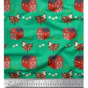 Soimoi Polyester Crepe Fabric Hut,Egg & Hen Farm Fabric Prints by Yard 52 Inch Wide