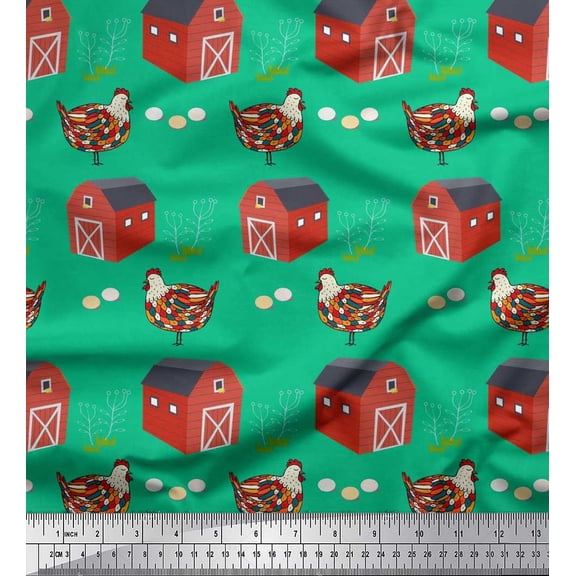 Soimoi Crepe Silk Fabric Hut,Egg & Hen Farm Print Fabric by Yard 42 Inch Wide