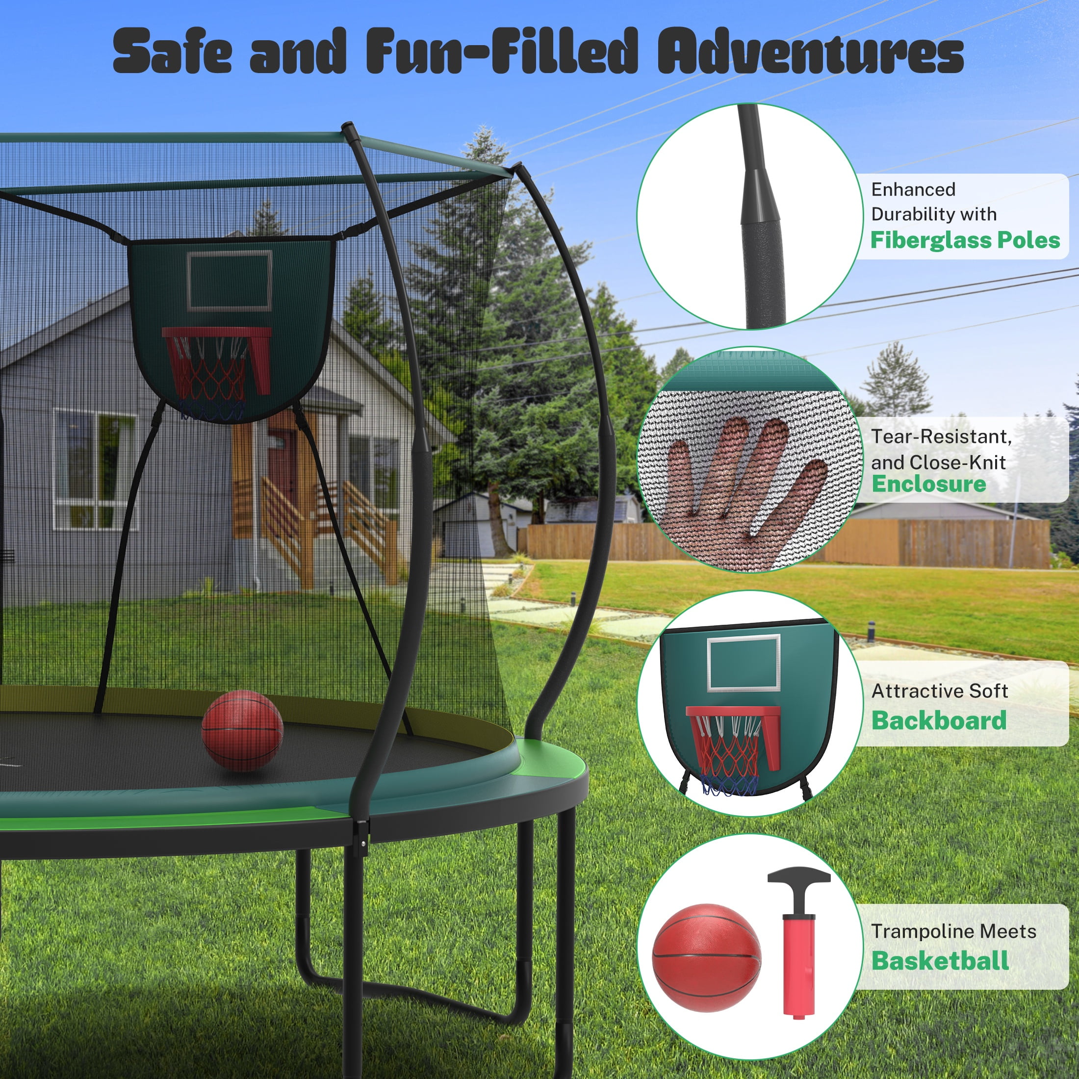 SEGMART 12ft Trampoline with Basketball hoop, Upgraded Round Outdoor Kids Trampoline with Enclosure Net, Heavy Duty Backyard Trampoline with No Gap Design, Recreational Trampoline for Adults Kids