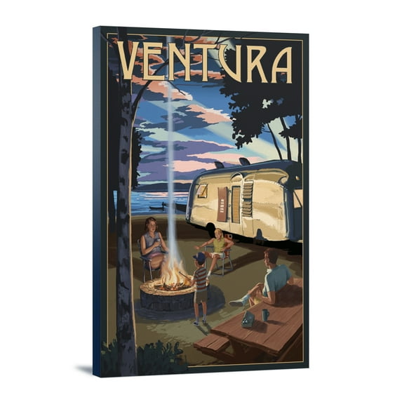 Ventura, California, Retro Camper and Lake, (12x18 Wrapped Canvas, Wall Decor, Artwork)