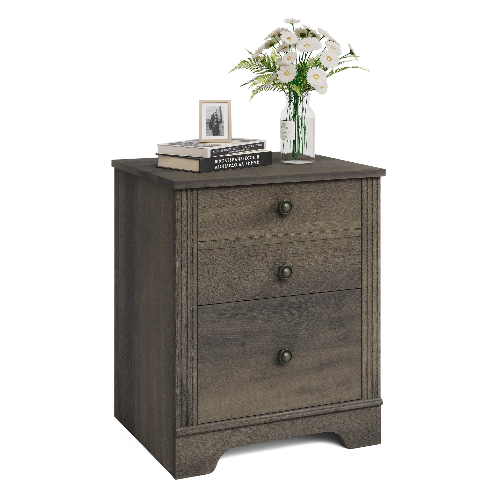 End Table with 2 Drawers, Grayish Brown Wood Sofa Side Table with