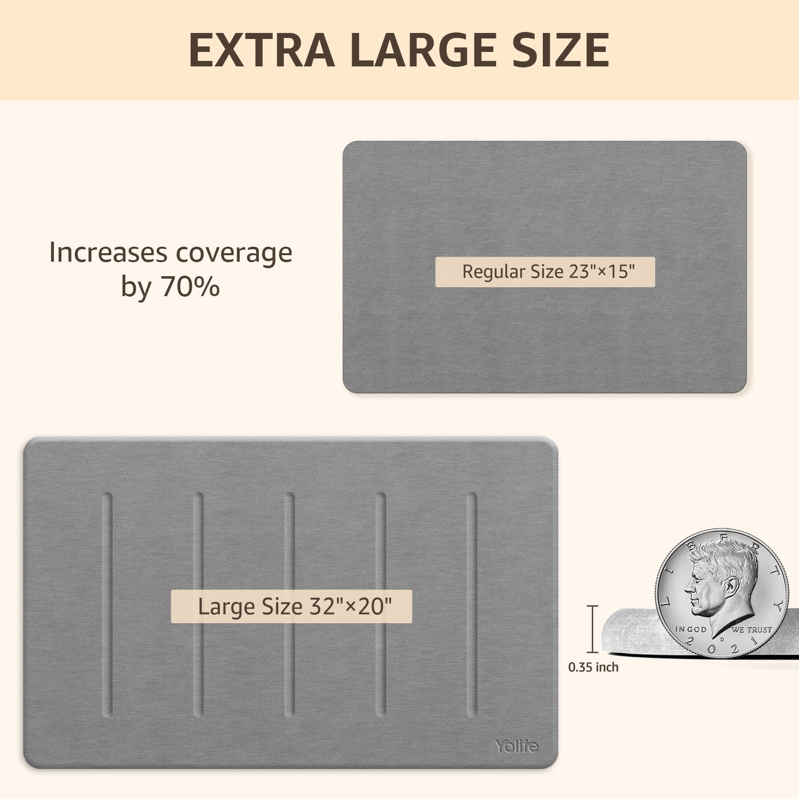 Yolife 32"x20" Diatomite Bath Mat, Super Absorbent Quick-Dry Bathroom Rug, Non-Slip Natural Diatomaceous Earth Mat for Shower, Kitchen, Entryway, Easy to Clean,Dark Grey