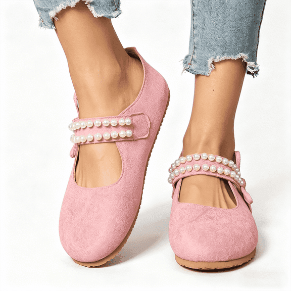 Women's Pearl Bow Mary Jane Flats, Faux Suede Slip-On Casual Ballet Shoes