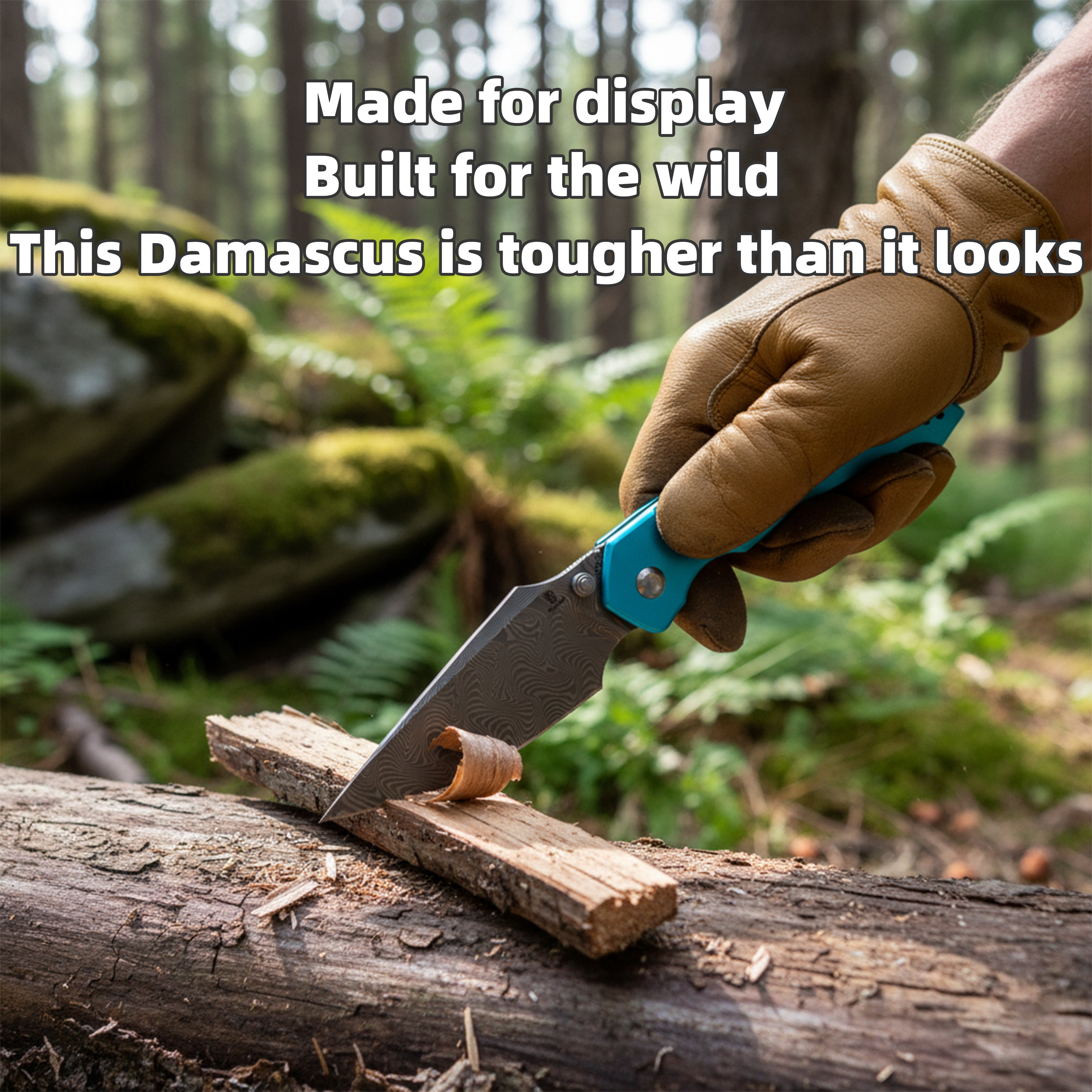Tenable Fenrir Folding Pocket Knife 3.4“ Damascus Blade Blue Aluminum Handle B1034H8