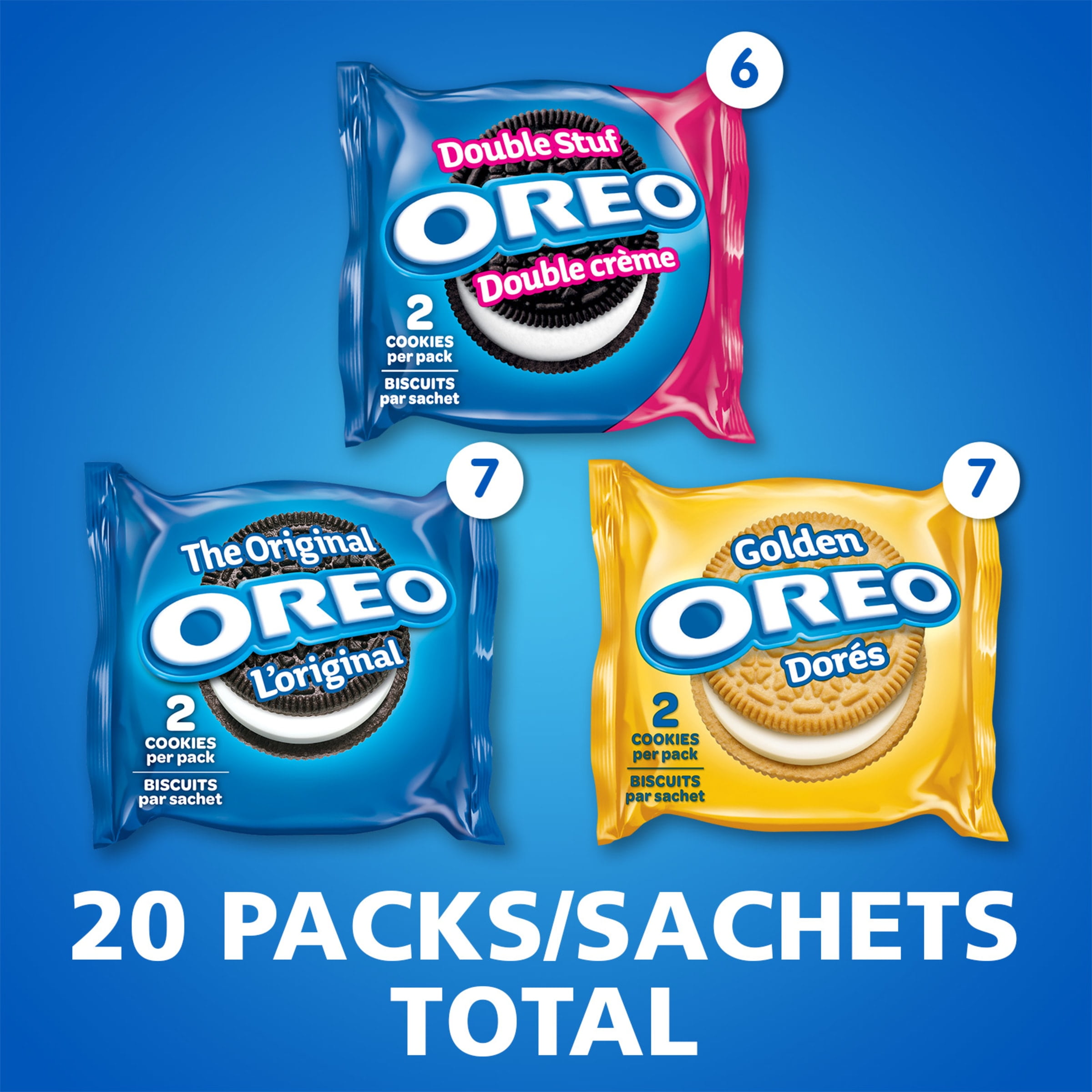 OREO, 20 Snack Packs (Individually Wrapped), 40 Cookies, School, Lunch, Birthday Party, Bulk Variety Pack of OREOs Original Chocolate & Double Stuf & Golden Vanilla Sandwich Cookies, 482 g