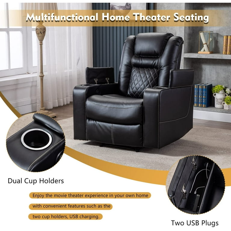 Canmov Electric Power Recliner Chair with Cup Holder Faux Leather Home Theater Seating Black