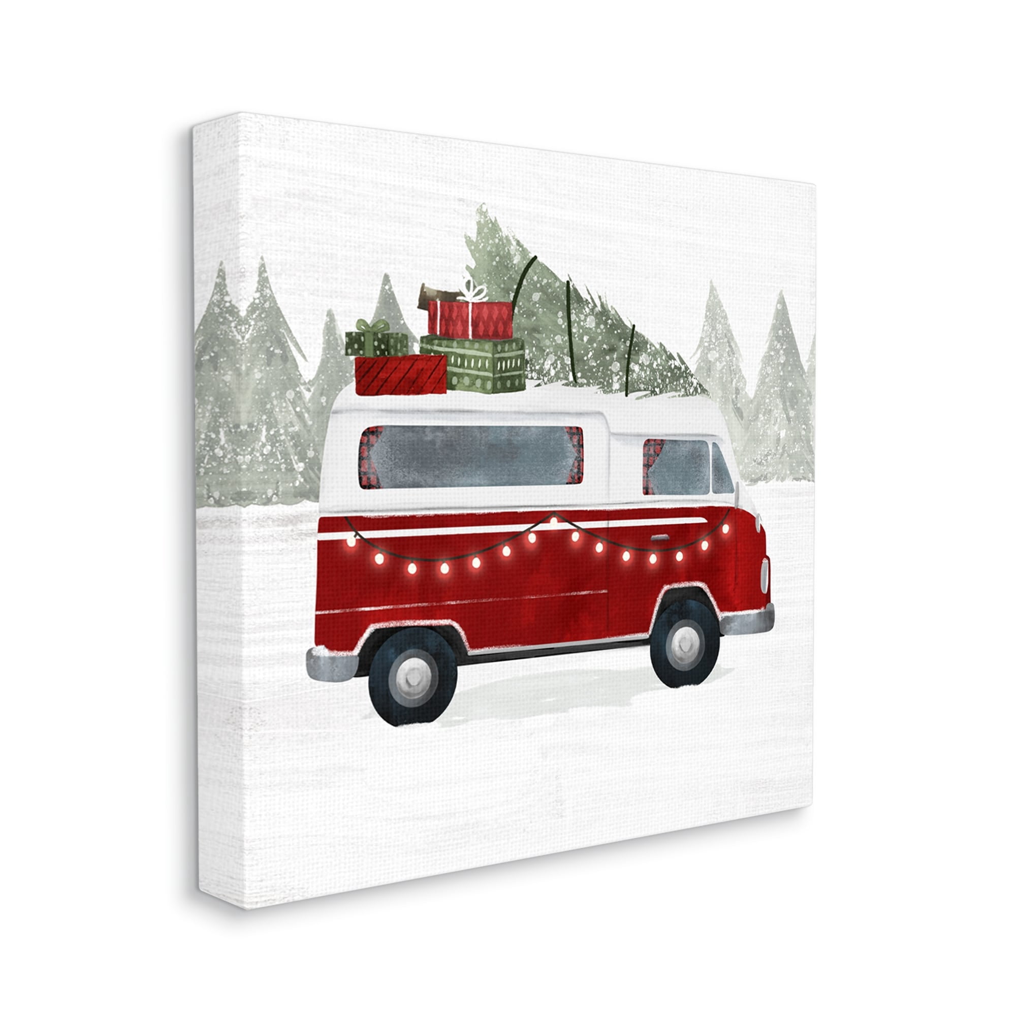 Red Van Holiday Lights Carrying Christmas Presents Transportation Painting Gallery-Wrapped Canvas Print Wall Art