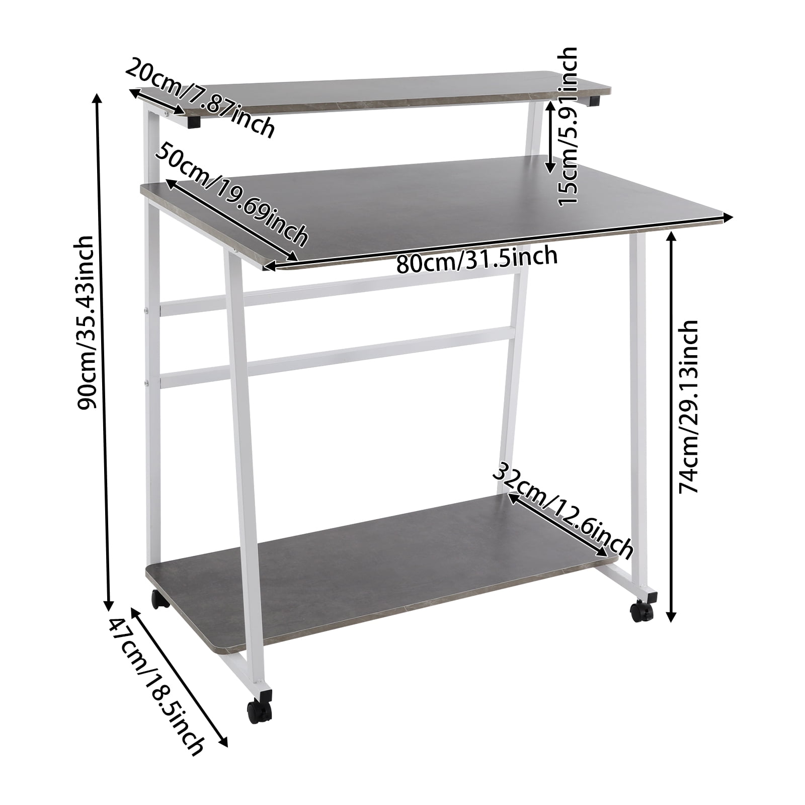 Free Standing Home Office Desk, Rolling 3-Tier Computer Desk (White+Grey)