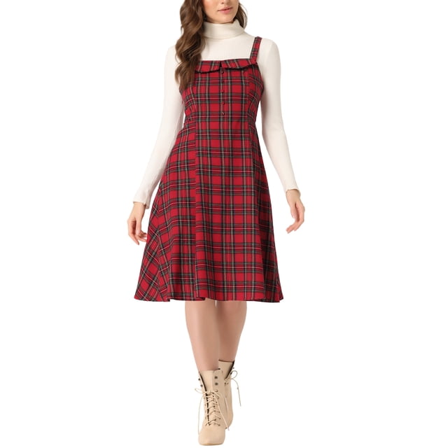 INSPIRE CHIC Robe à Bretelles pour Femmes Rétro à Carreaux Col Carré Robe Midi TG Rouge