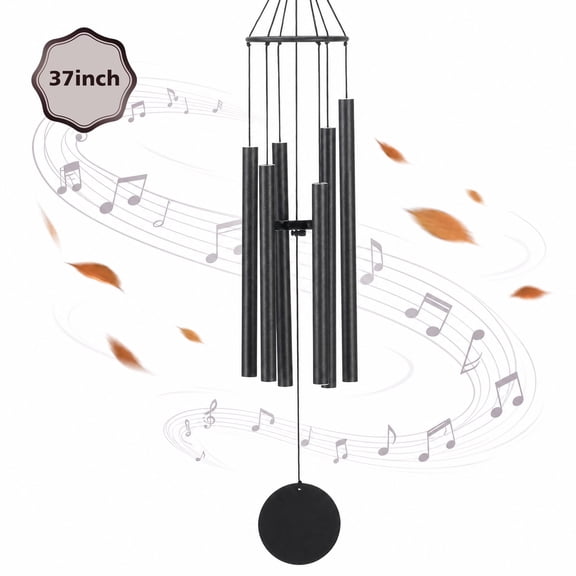 BSHAPPLUS® 37" Memorial Wind Chimes for Outside, Heavy Duty Metal Black Ring-shaped Chimes with 6 Deep Tone Aluminum Tubes for Loss of Loved One,Home Garden Hanging Decor