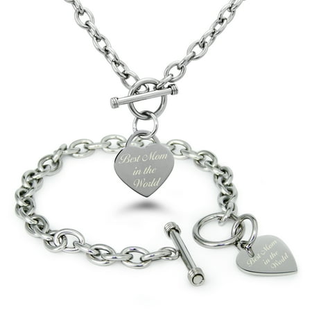 Stainless Steel Best Mom in the World Heart Charm Toggle Bracelet &
