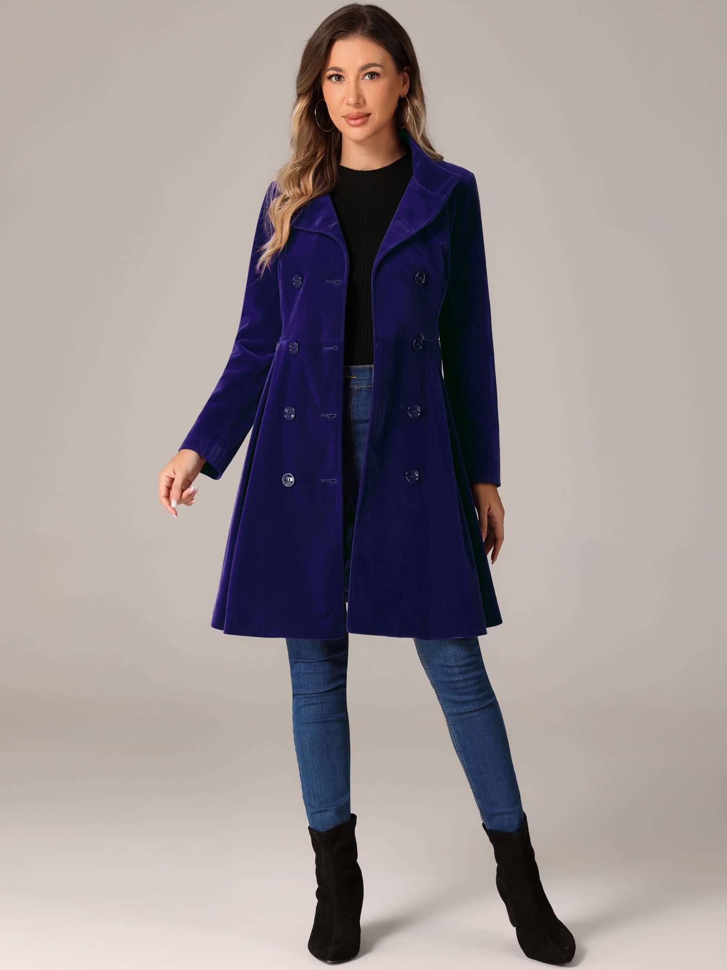 DARING DIVA Velvet A-Line Stand Collar Double Breasted Trench Coats S Dark Blue