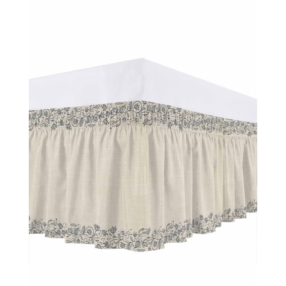 Retro Spring Flowers Bed Skirt King Size 18 Inch Drop, Lines Countryside Vintage Adjustable Elastic Dust Ruffles Bedskirt for King Bed Wrap Around Pleated Mattress Frame Cover