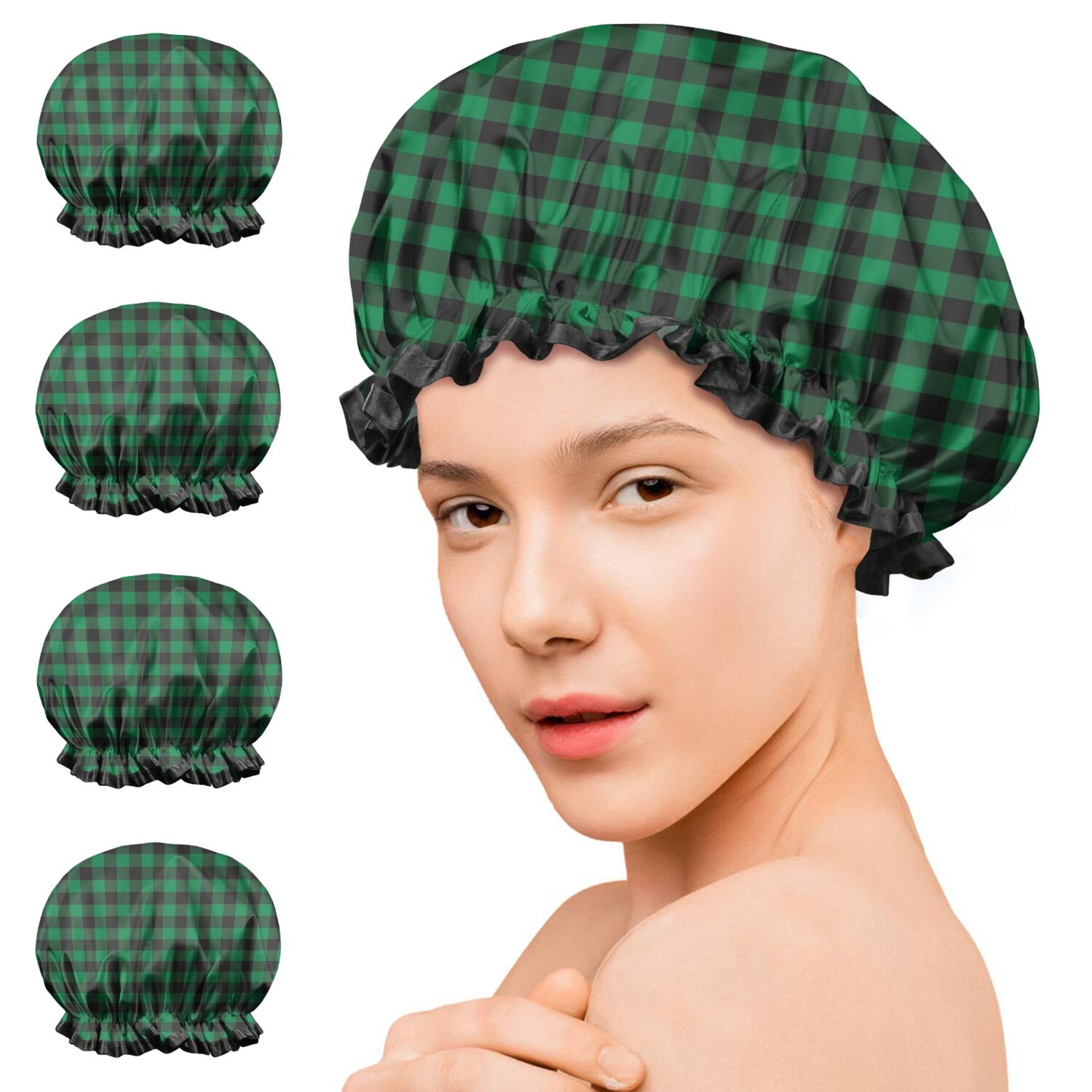 Shower Caps,Green Black Checkerboard Checkered Pattern Waterproof Shower Cap for Women 4 Pieces,Double Reusable Hair Cover for Shower PEVA Elastic Stretch Hem