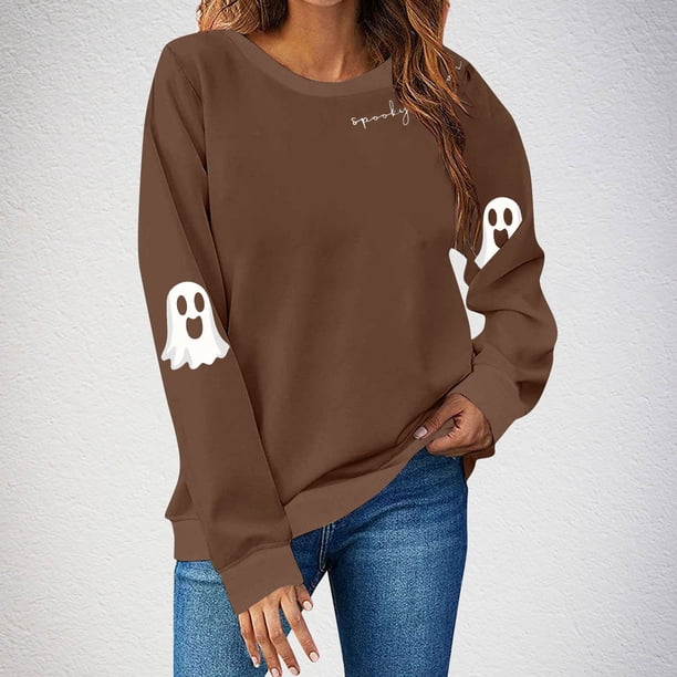 Ailaofu Women's Ghost Skull Crop Sweatshirt Fall Halloween Long Sleeve Pullover Spooky Season Sweatshirt