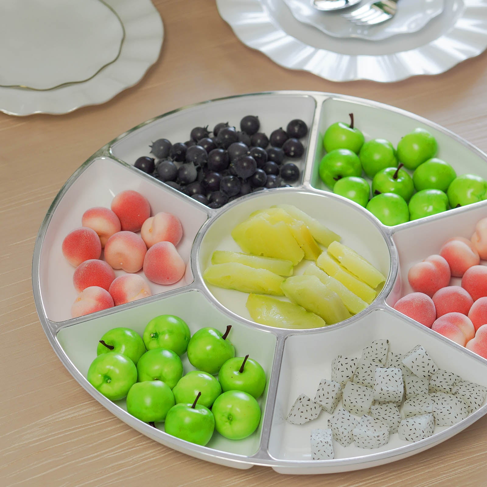 Efavormart Pack of 2 | 16' White Disposable Round Serving Trays, 7-Compartment Food Trays With Silver Rim