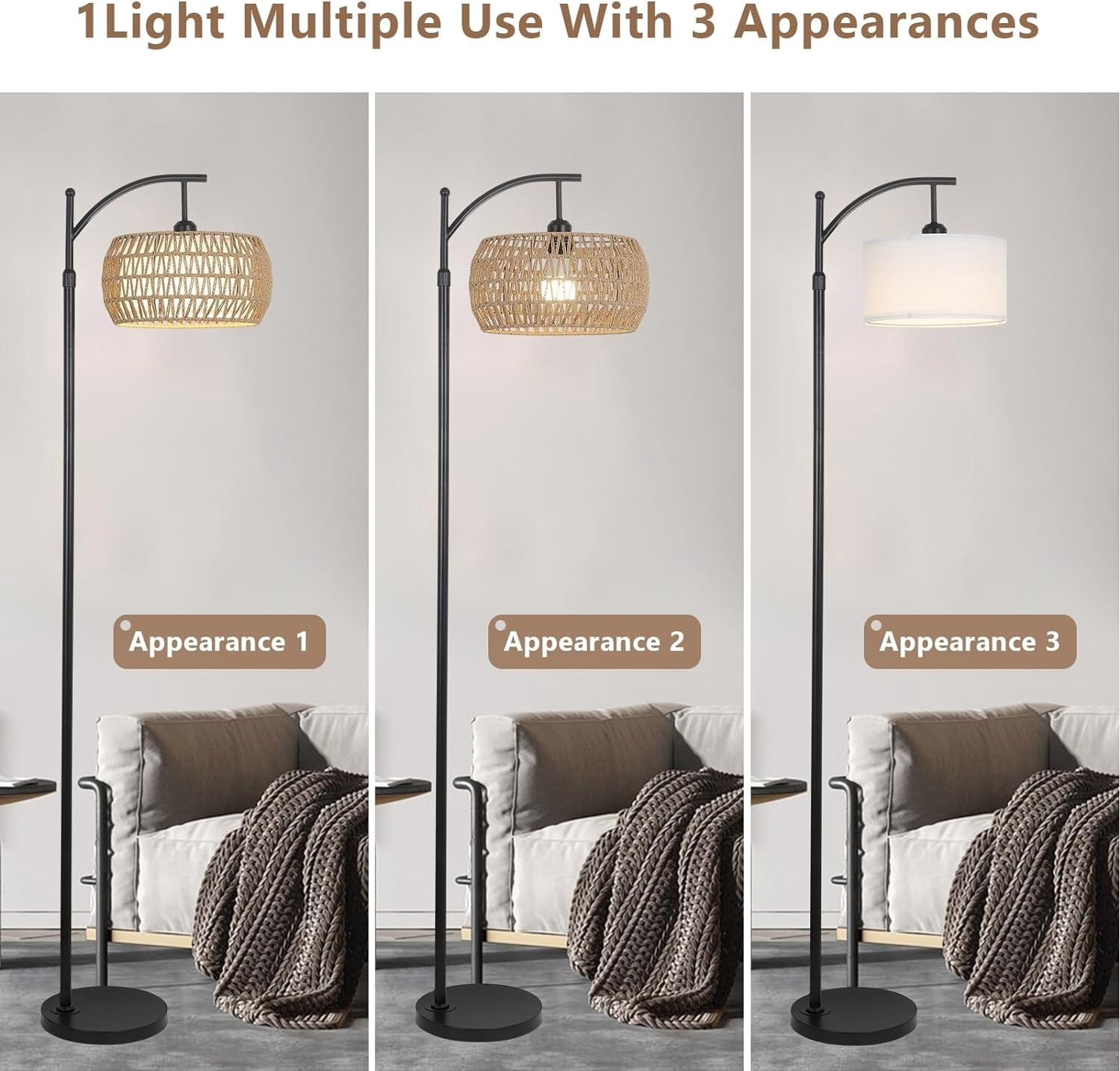 Arc Floor Lamp with Remote Control, Dimmable LED, Rattan & Fabric Shade, Black/Brown