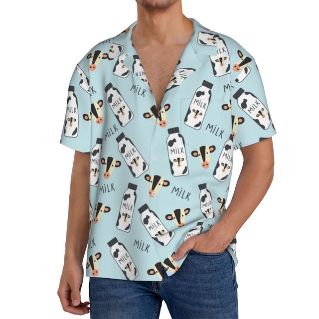 Balery Milk Bottles And Cow Head Camisa Casual de Manga Corta con Botones para Hombre, Texturizada, Estilo Cubano, para Playa, Verano-3X-Large