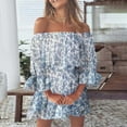 thumbnail image 2 of asdoklhq Juniors Plus Dresses & Rompers, Women's Summer Casual Off Shoulder Printing Bell Sleeve Dresses, 2 of 5