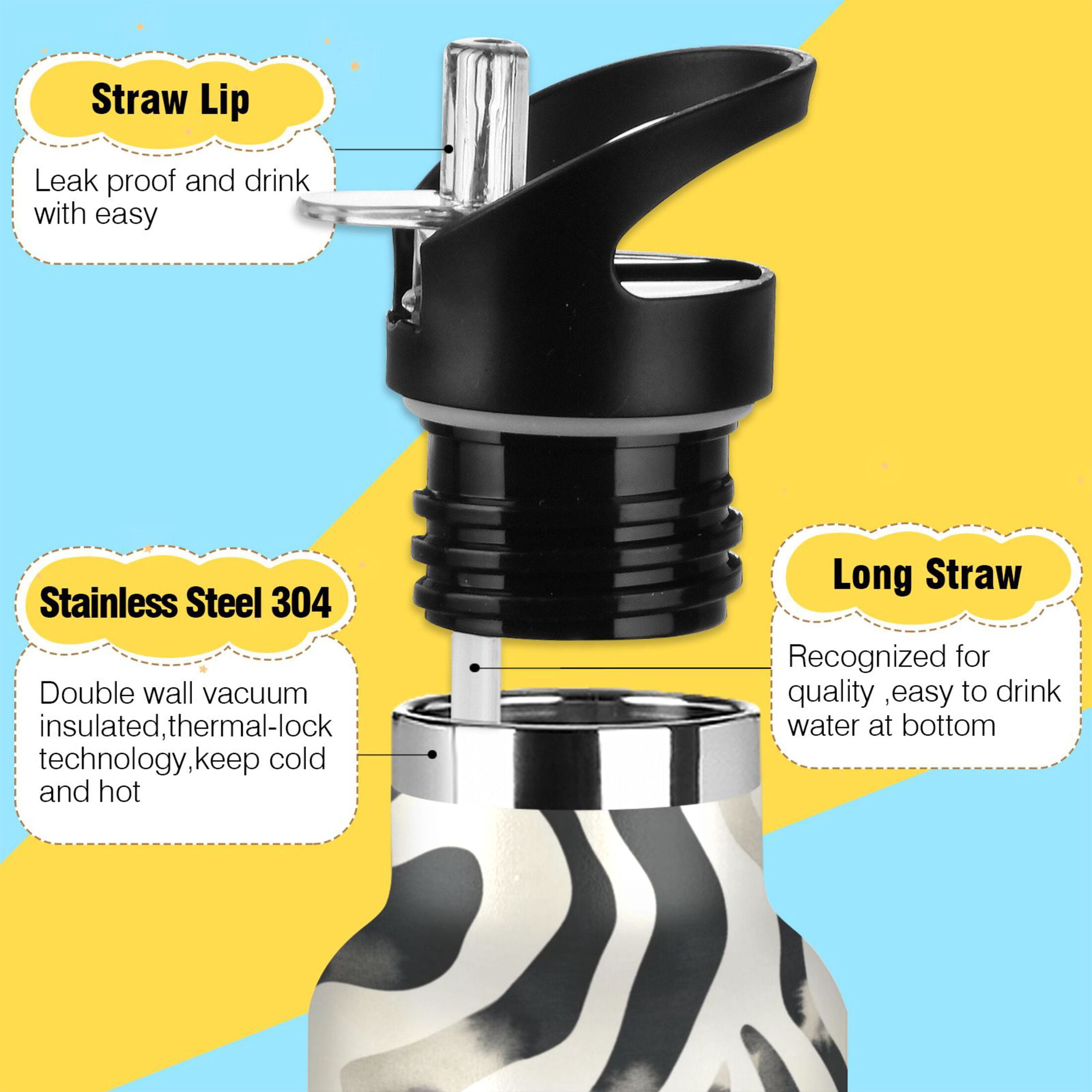 Kids Insulated Stainless Steel Sports Water Bottle 600ml (20oz) Black and White Shapes Pattern