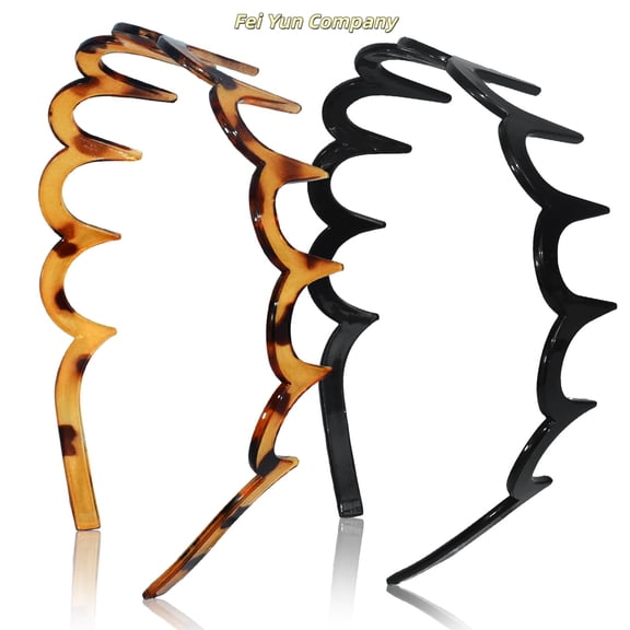 2-Pack Zigzag Headbands for Women, U-Shaped Hair Comb Headbands, Non-Slip Slick-Back Hair Accessories, Black & Tortoise Recycled Plastic, Teeth Hairband for Everyday Styling & Workout
