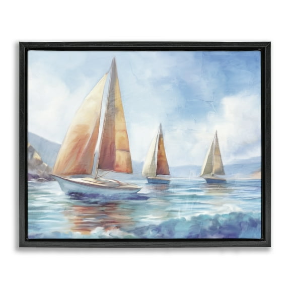 Stupell Industries Three Boats Drifting Coastal Painting Black Floater Framed Canvas Art Print Wall Art, 21 x 17