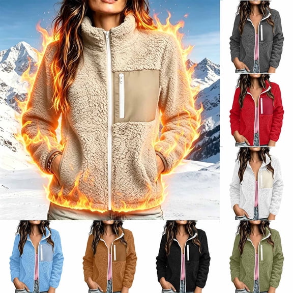 AGWOLF Fuzzy Fleece Jackets for Women Long Sleeve Warm Teddy Coats Faux Shearling Shaggy Full Zip Jacket with Zipper Pockets White XL