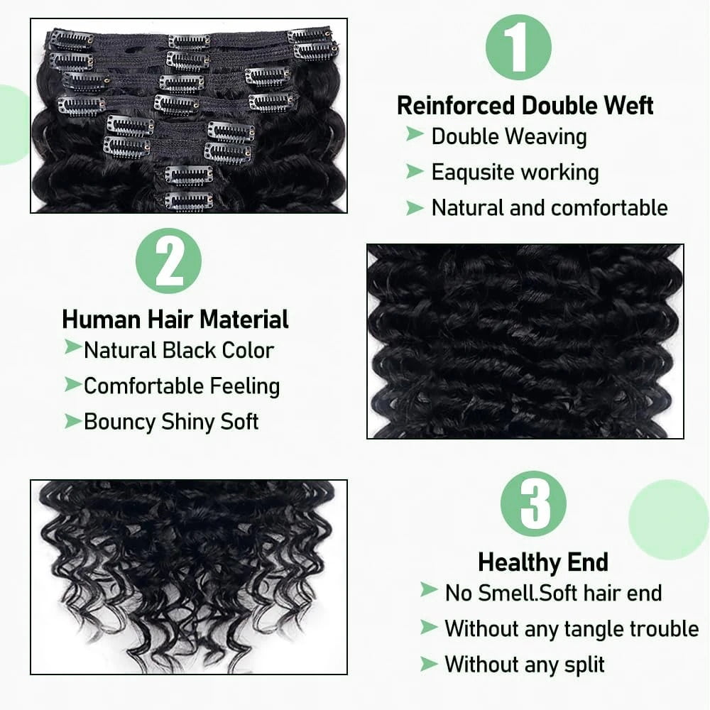 Brazilian Curly Clip In Hair Extensions 8pcs Deep Wave Human Hair Extensions 1B 120g