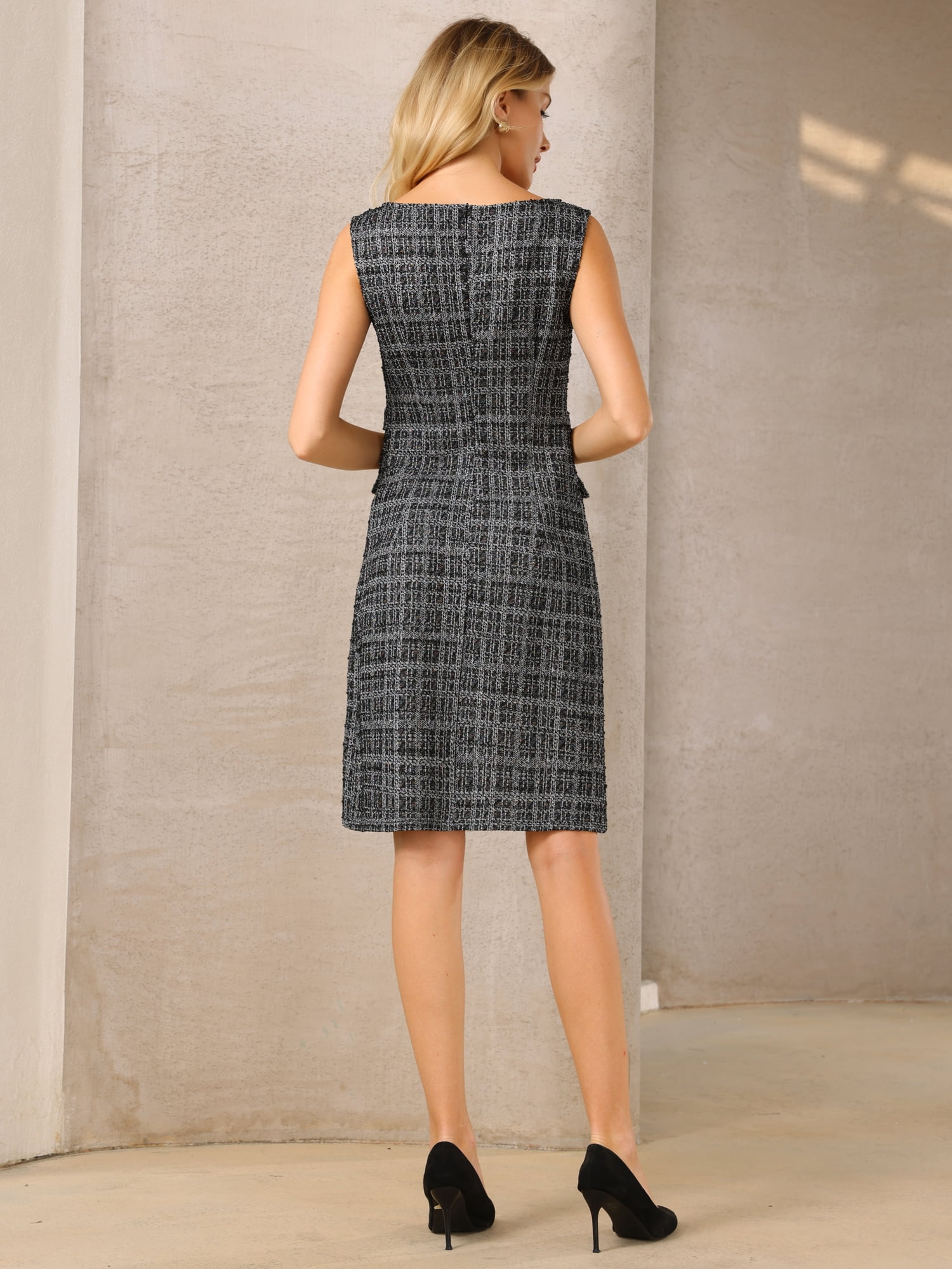DARING DIVA Women's Sleeveless Tweed Boat Neck Sheath Dress 2XL Black