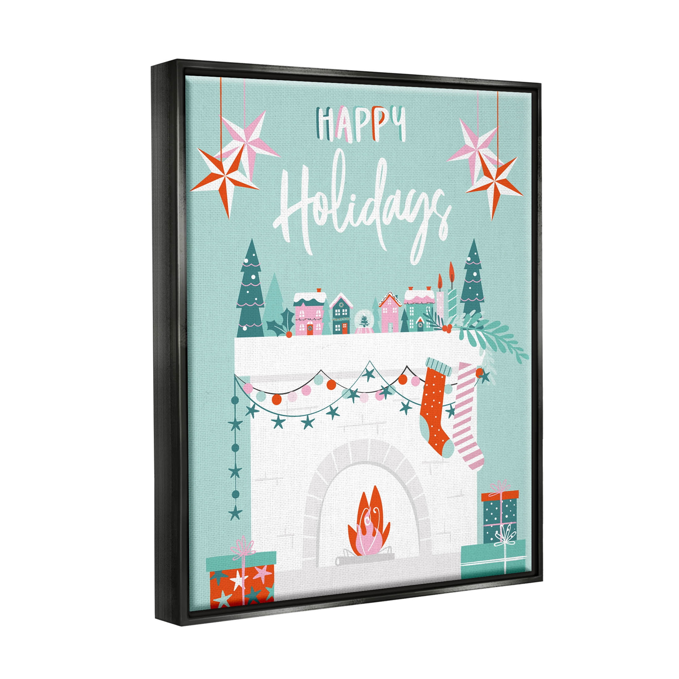 Happy Holidays Festive Mantle Stockings Holiday Graphic Art Jet Black Framed Art Print Wall Art