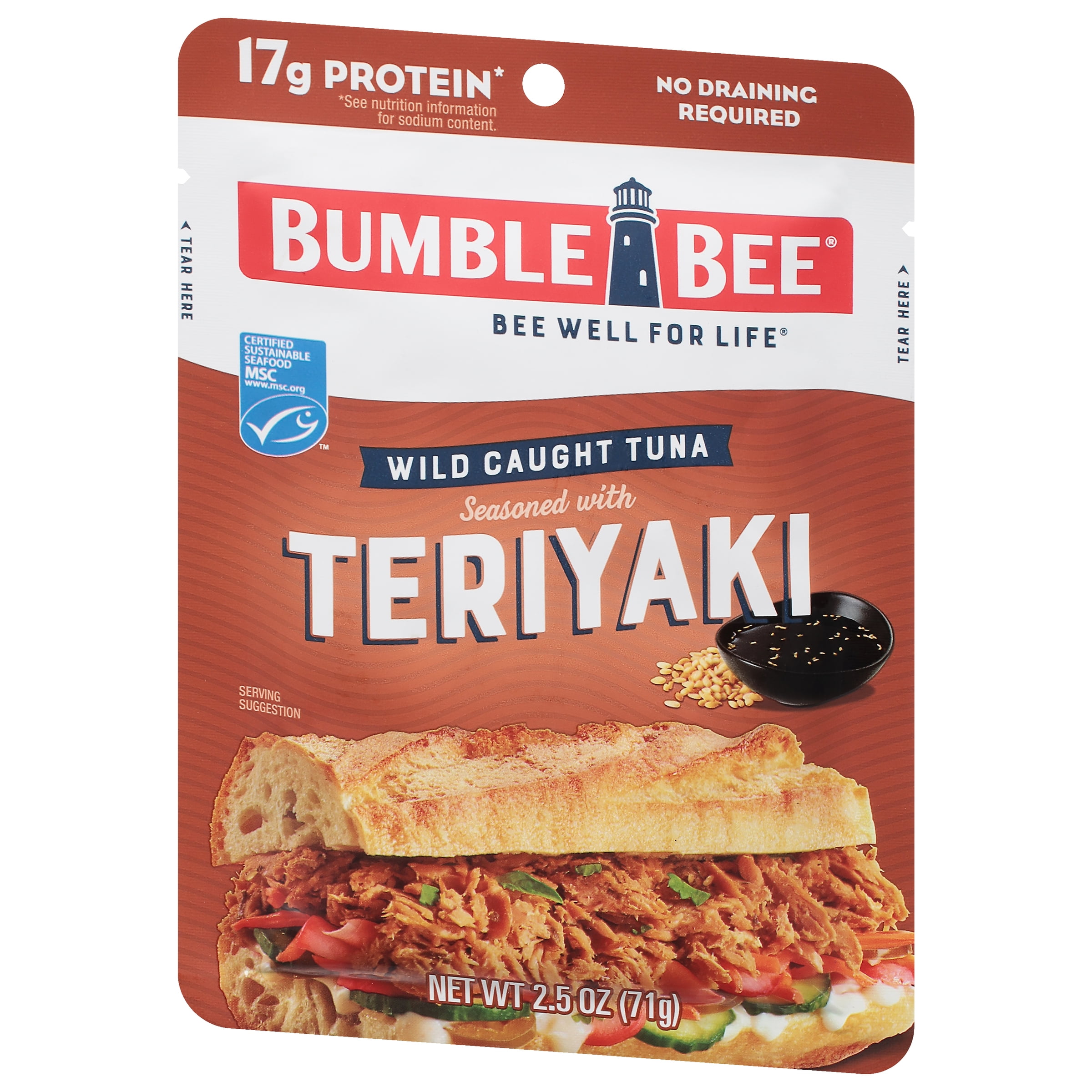 (12 pack) Bumble Bee Teriyaki Seasoned Light Tuna, Wild Caught, 17g Protein per Serving, Ready to Eat, Shelf Stable Pouch, 2.5 oz