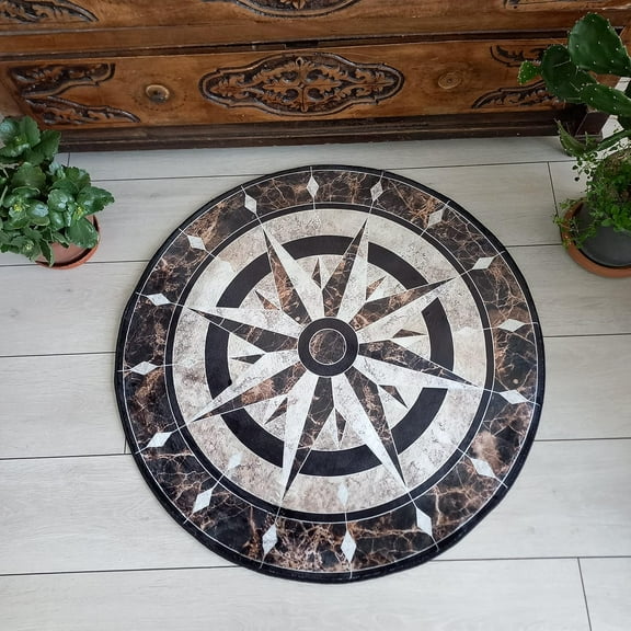 Vintage Compass Round Area Rug, coastal navigator circle carpet for office, lounge or gaming nook, ultra-soft washable non-slip floor mat, stylish summer travel-inspired décor