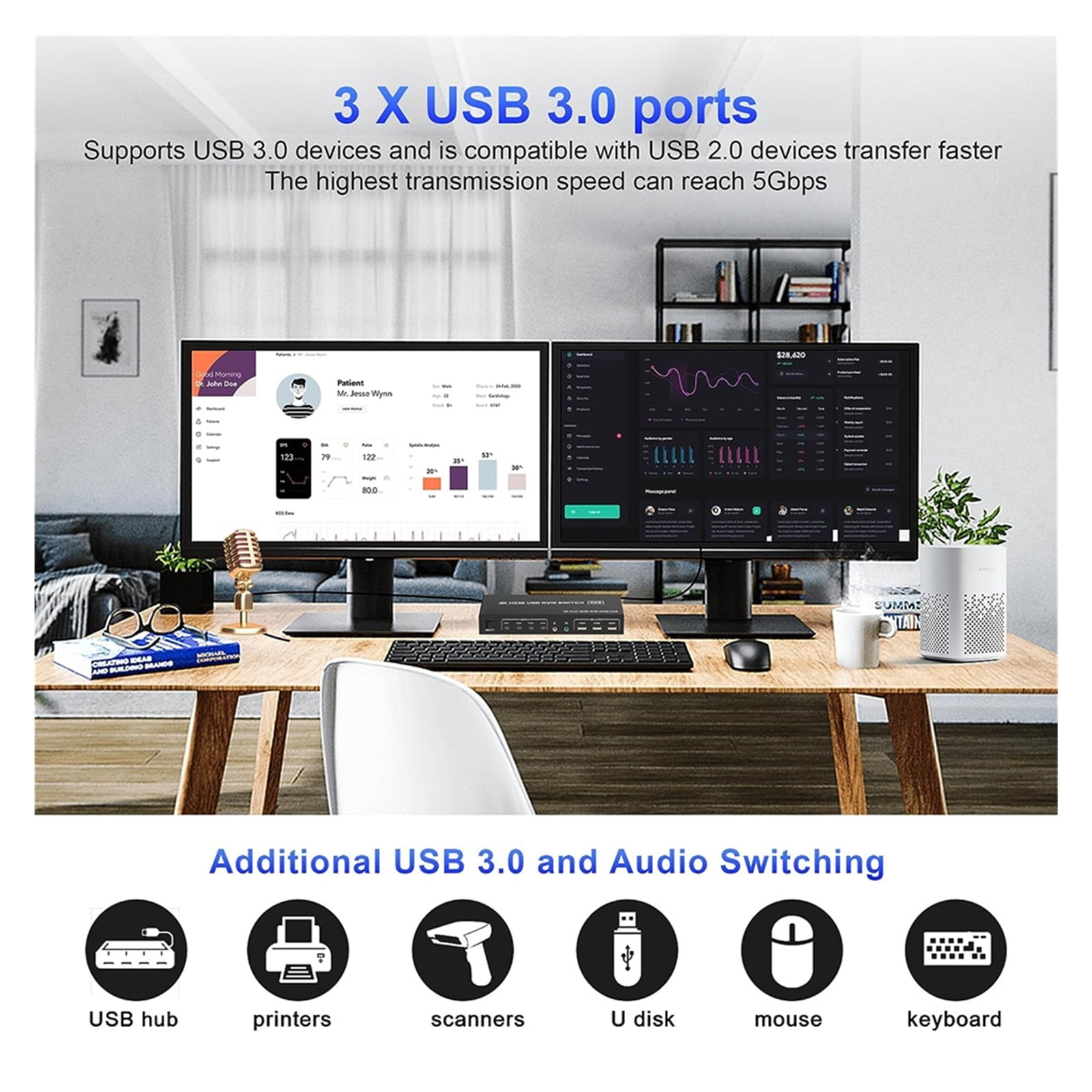 4 Port USB 3.0 KVM Switch 4X2 Dual Monitor 4K@60Hz Extended Display DP KVM Switch 4 In 2 Out For 4 PC Share Keyboard Mouse