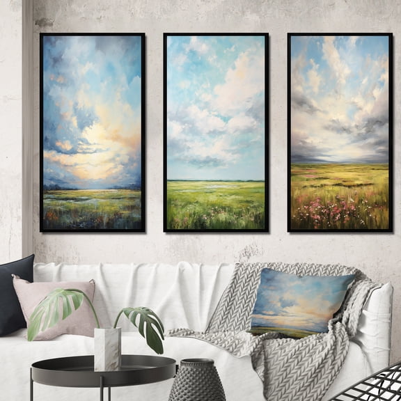 Designart "pasture Bold Horizon III" Landscape & Nature Framed Wall Art Set Of 3 - Green Meadow Frame Gallery Wall Set For Home Decor