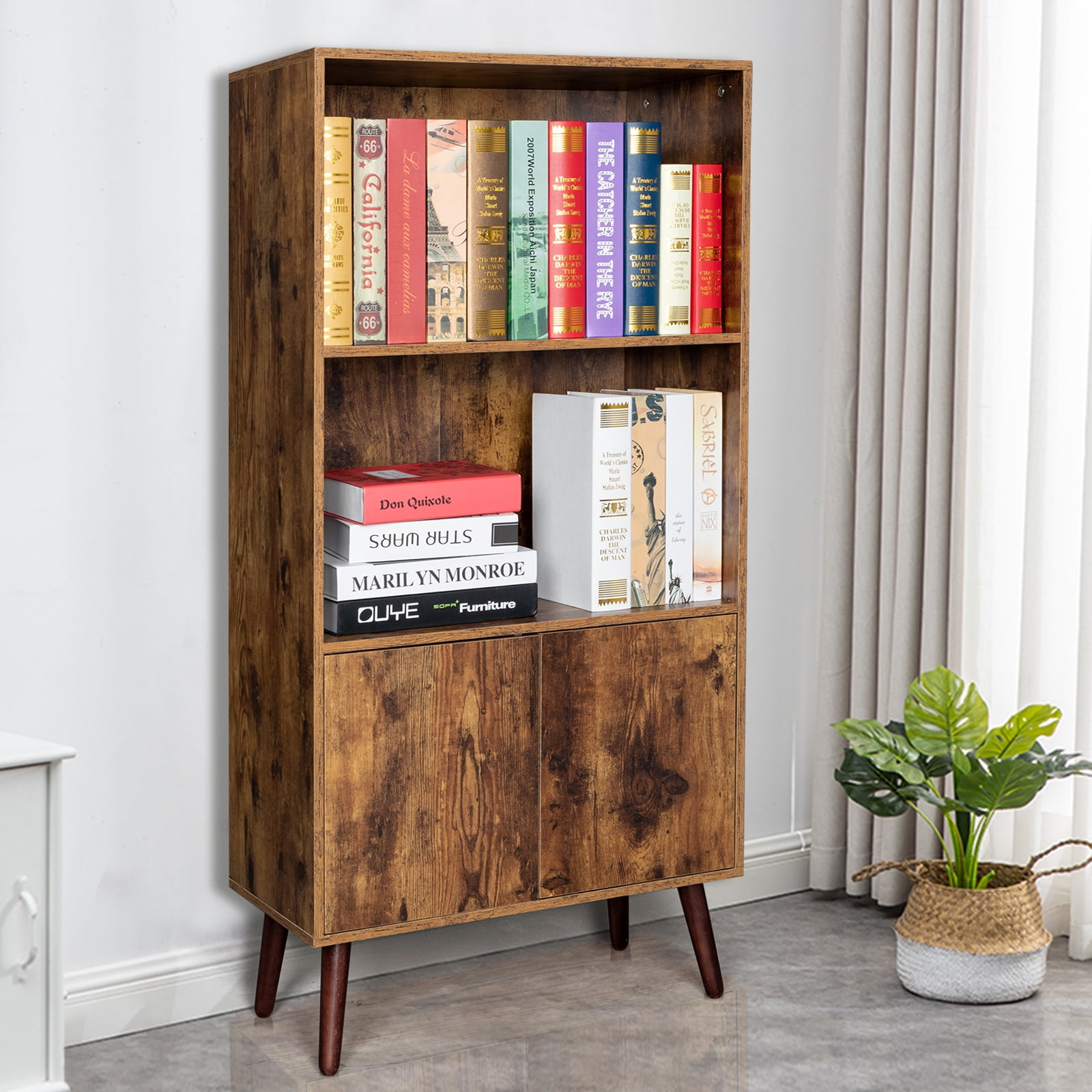 2Tier Elegant Bookcase with Doors,Storage for Books, Photos