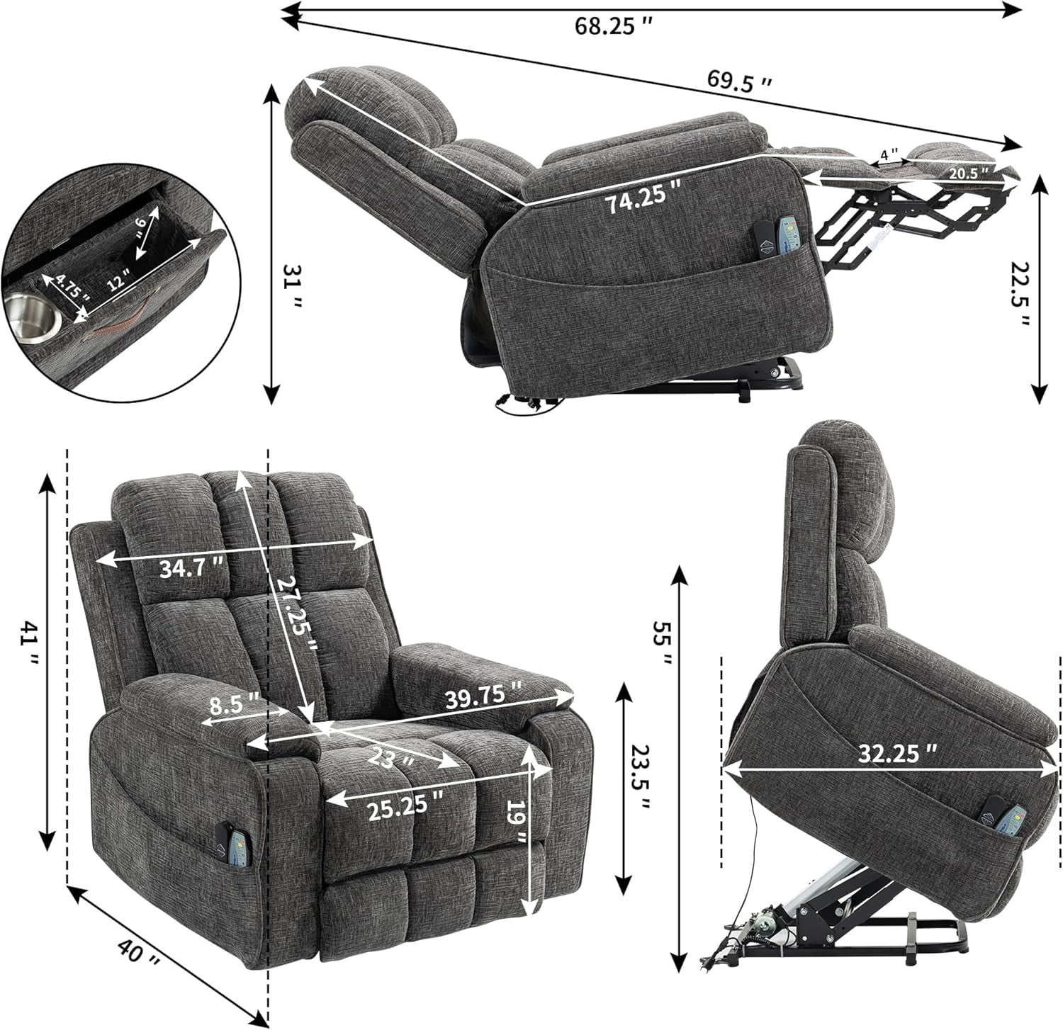 Power Lift Recliner Chairs for Elderly - Infinite Position Lay Flat Recliner with Heat & Massage Side Storage Cup Holder - USB Type C Charging - Dual Motor Lift Chair 400 lbs