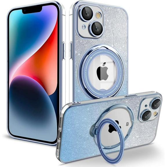 for iPhone 7/8 Case,iPhone SE Case Glitter with Rotatable Ring Stand Compatible with MagSafe, Plating Bling Clear Case with Camera Lens Protector Slim Phone Case for Women Girls (Sierra Blue)
