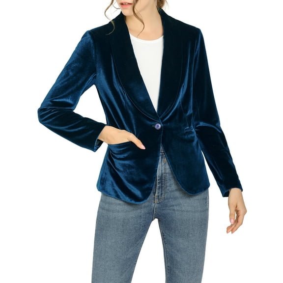 DARING DIVA Women's Velvet Office Coat Solid Shawl Collar Blazer XS Deep Blue