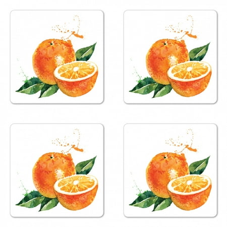

Fruit Coaster Set of 4 Watercolor Orange Yummy Kitchen Natural Organic Winter Motif Square Hardboard Gloss Coasters Standard Size Marigold Fern Green by Ambesonne