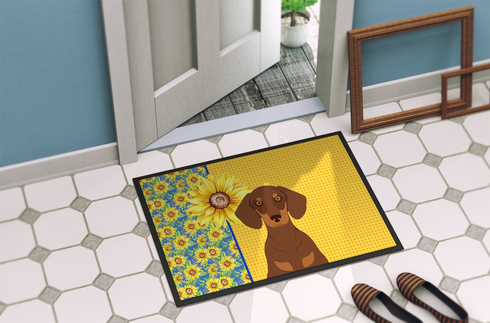 Carolines Treasures WDK5397JMAT 24 x 36 in. Summer Sunflowers Chocolate & Tan Dachshund Indoor or Outdoor Mat