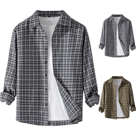 DDAPJ pyju Men's Plaid Button Down Shirt Jacket Lapel Long Sleeve Shacket Lightweight Open Front Casual Cardigan 2025 Fall Trendy Outwear Tops Clearance Sale Black M
