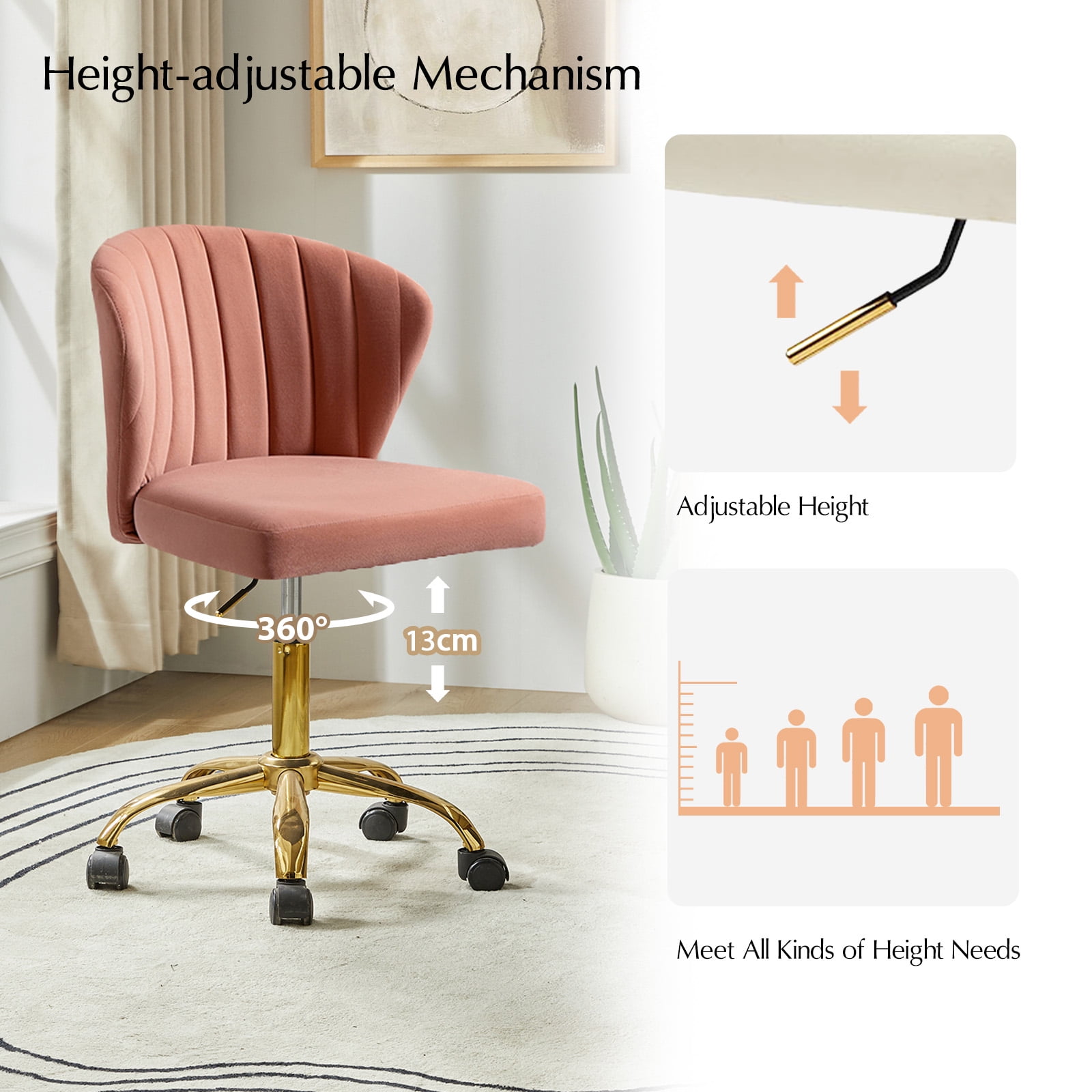 Tina's Home Pink Velvet Swivel Office Chair with Gold Legs, Adjustable Height Rolling Desk Chair for Vanity