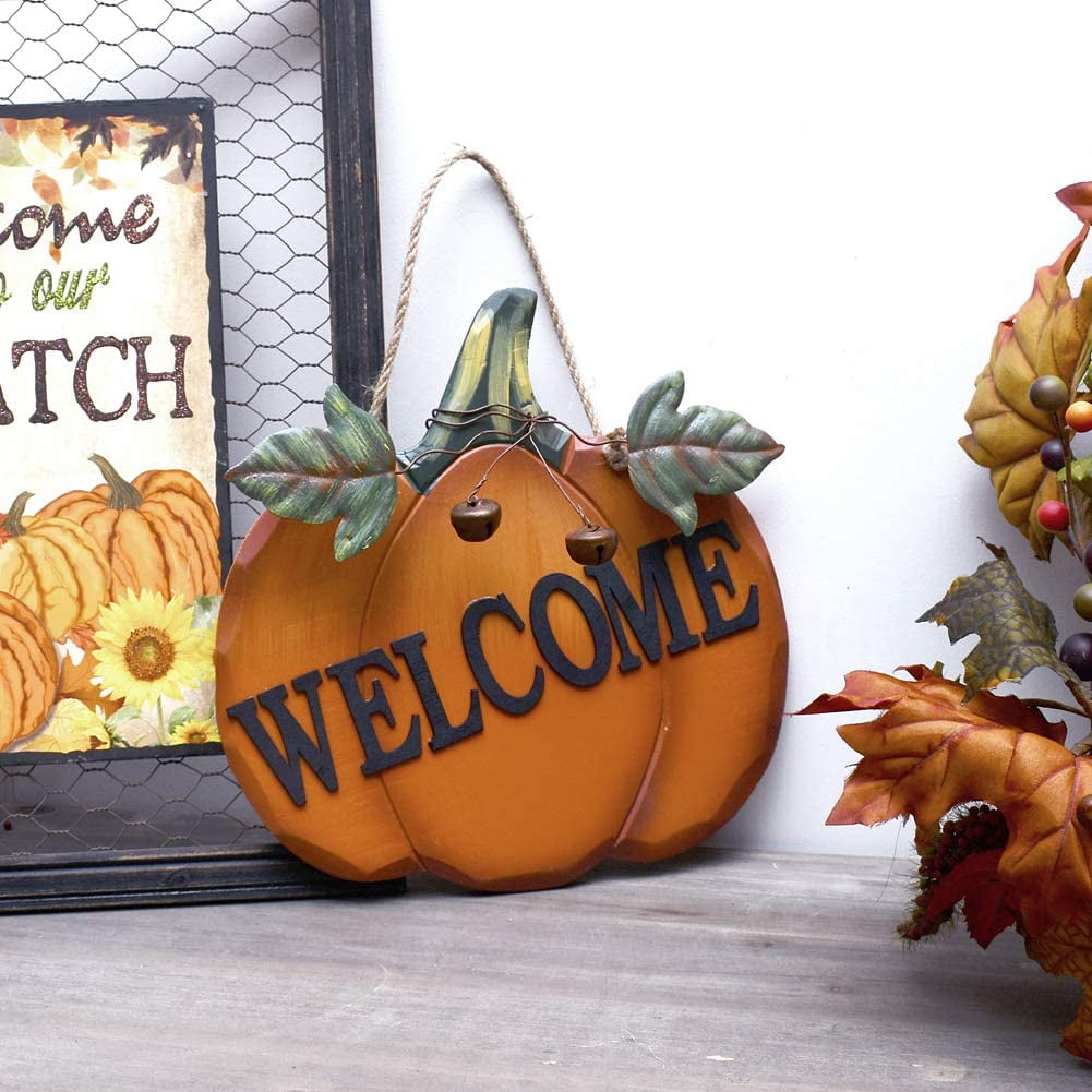 Wood Pumpkin Welcome Sign Fall Front Door Decor, Rustic Hanging Welcome