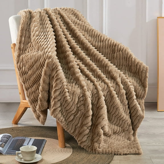 Home Soft Things Wavy Pattern Faux Fur Throw-Tan-50"X60"