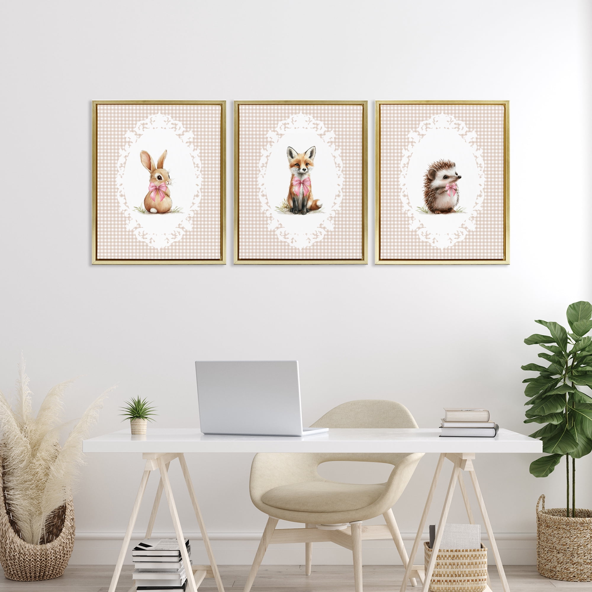 Stupell Industries Vintage Baby Bow Animals 3 Piece Gold Framed Floater Canvas Set, design by Christine Simpson Art
